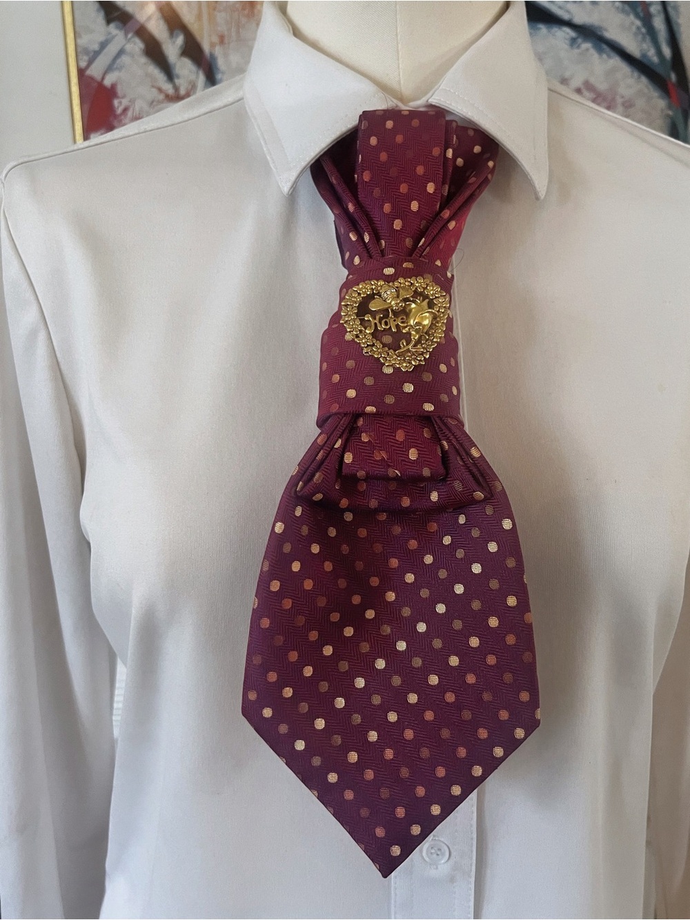 Burgundy Polka Dot Cravat Fashion tie necklace with Gold Crest Accent